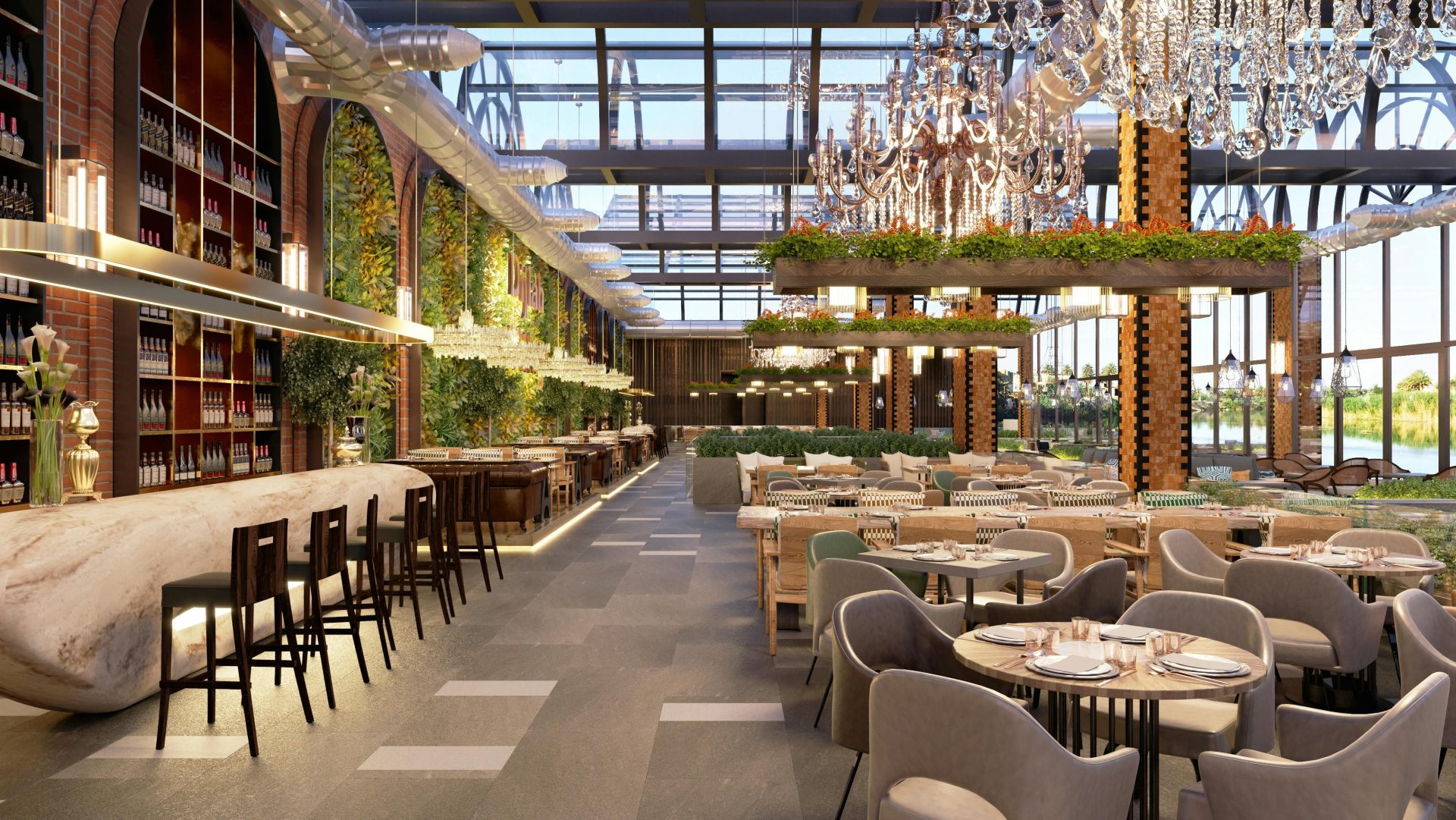 Elegantes Restaurantinterieur mit Kronleuchtern, Grünpflanzen und stilvollen Essmöbeln.
